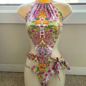 CIA Maritima Bathing Suit,lilac & green with beading, Size L (42) Made in Brazil